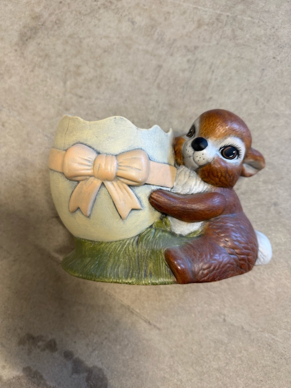 Vintage Ceramic Bunny Egg Planter - Brown Bunny with Cream Egg